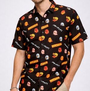 Pac-Man Ghost Print Button-Up Shirt Men’s XL Black Retro Arcade Rayon